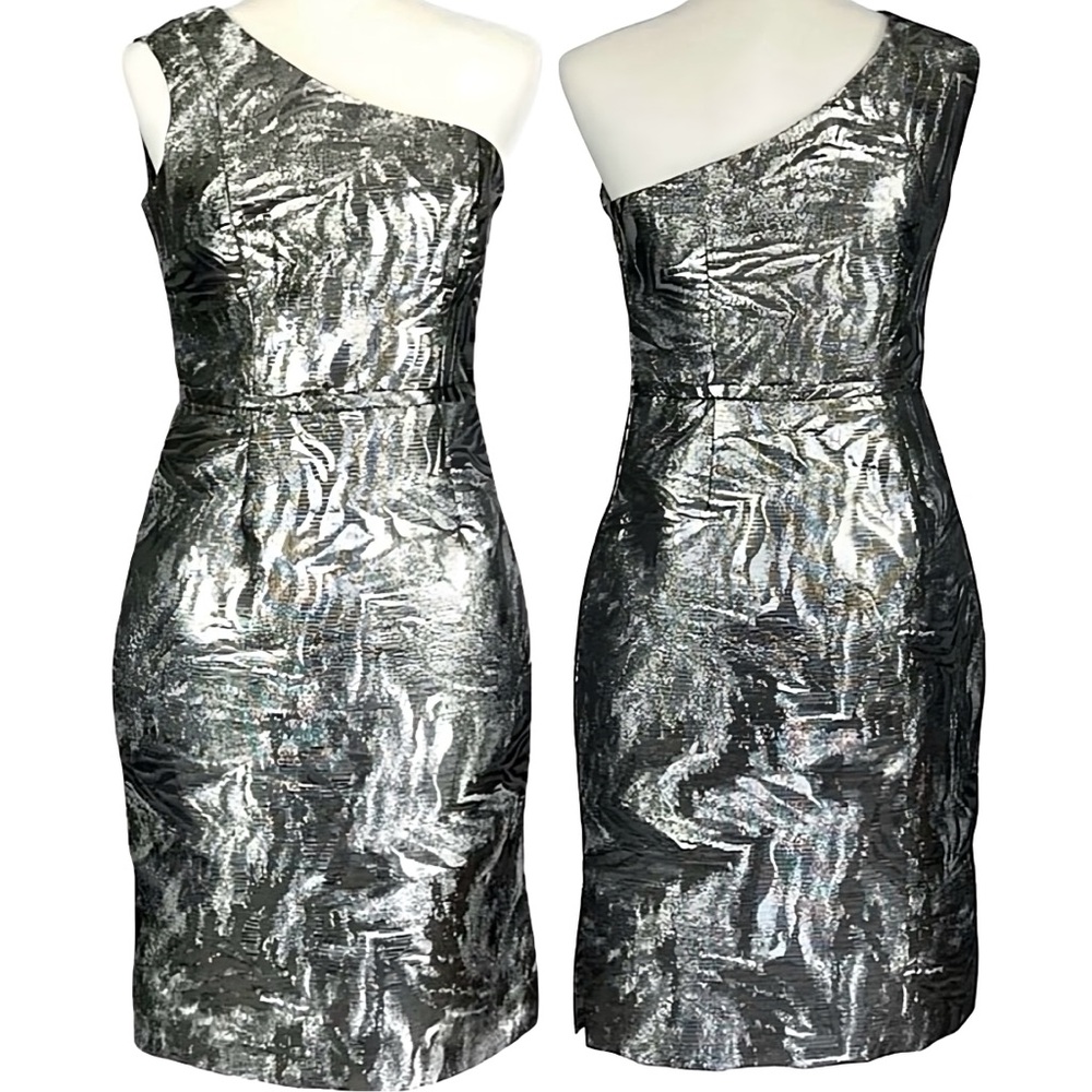 Calvin Klein One Shoulder Cocktail Dress Size 4 NWT Silver Metallic Gunmetal